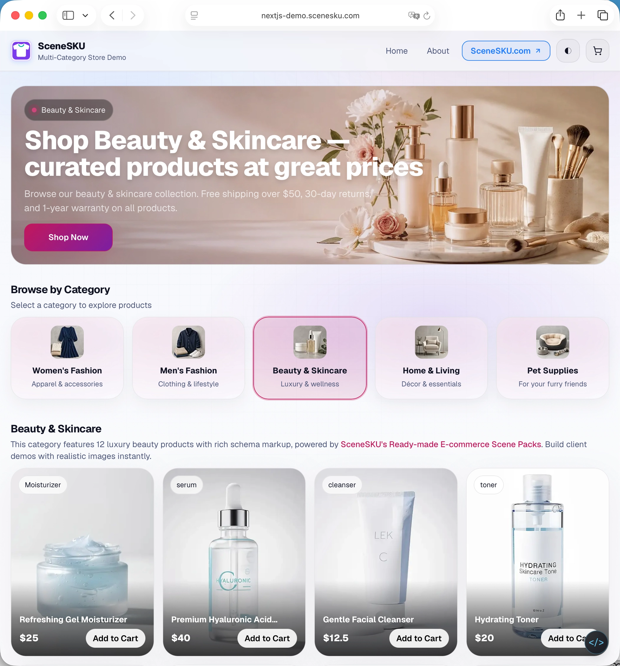 Beauty and skincare ecommerce demo homepage
