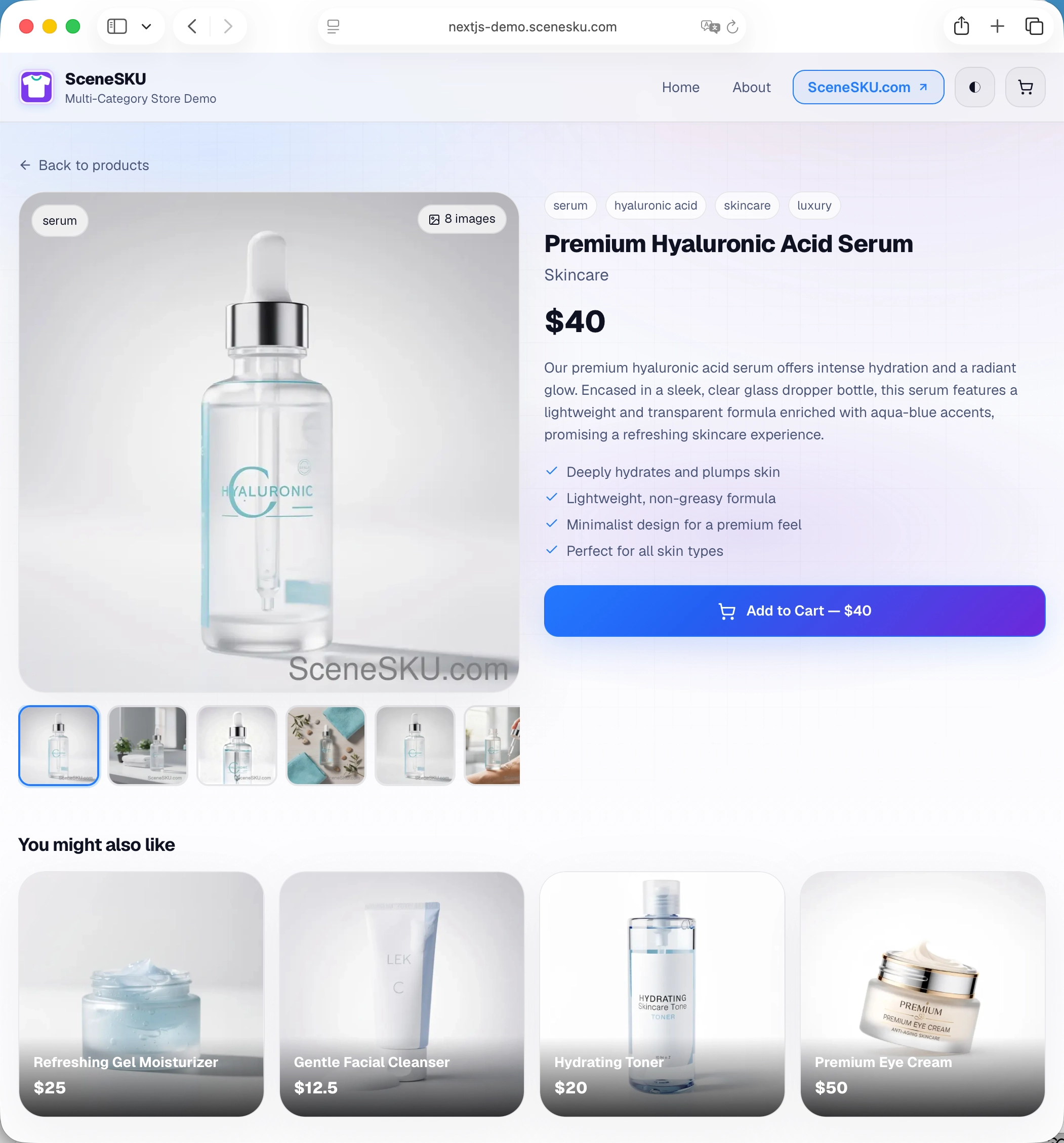 Skincare serum product detail page demo