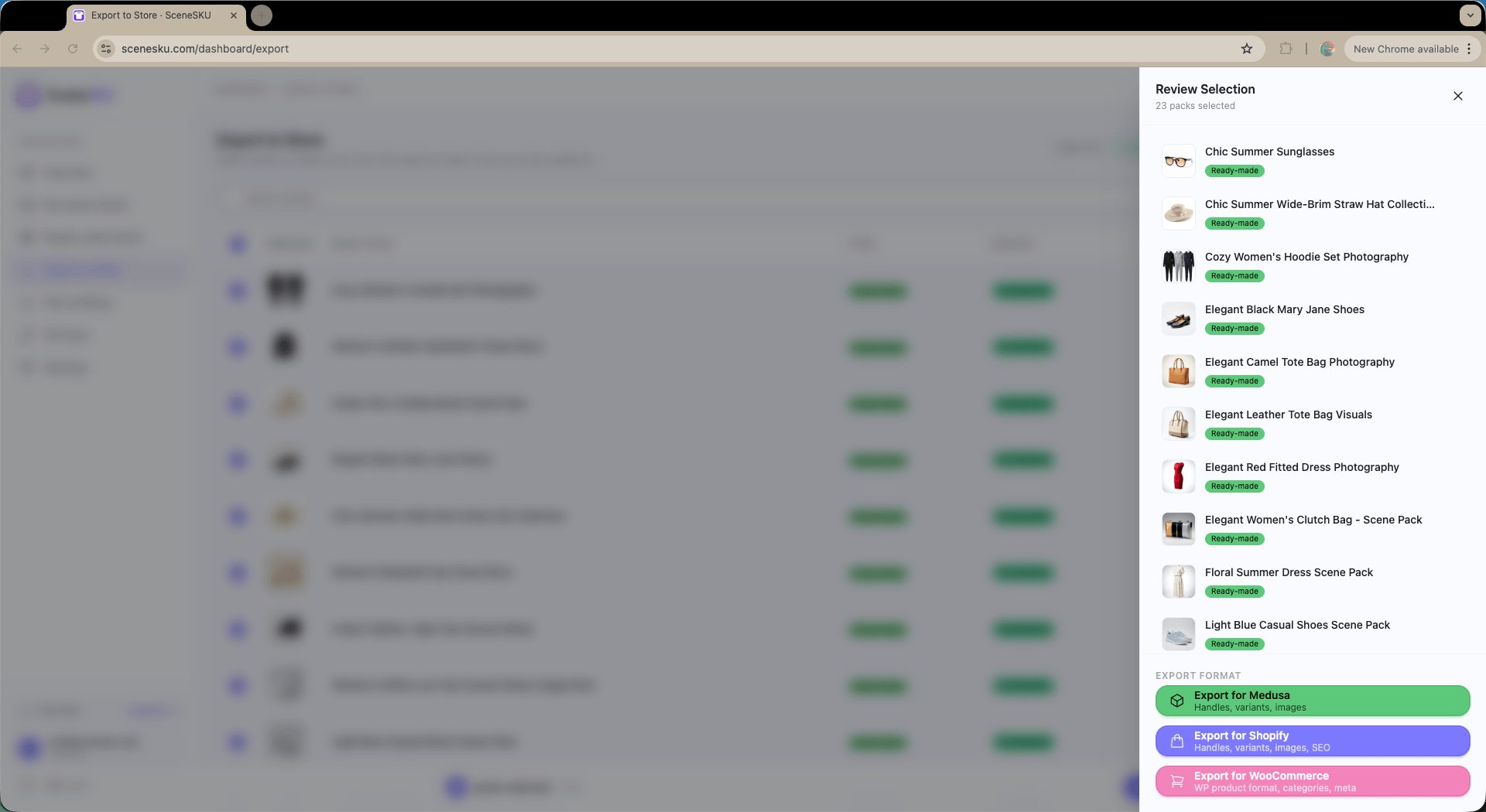 Review Selection panel with 23 products and Export for Medusa button