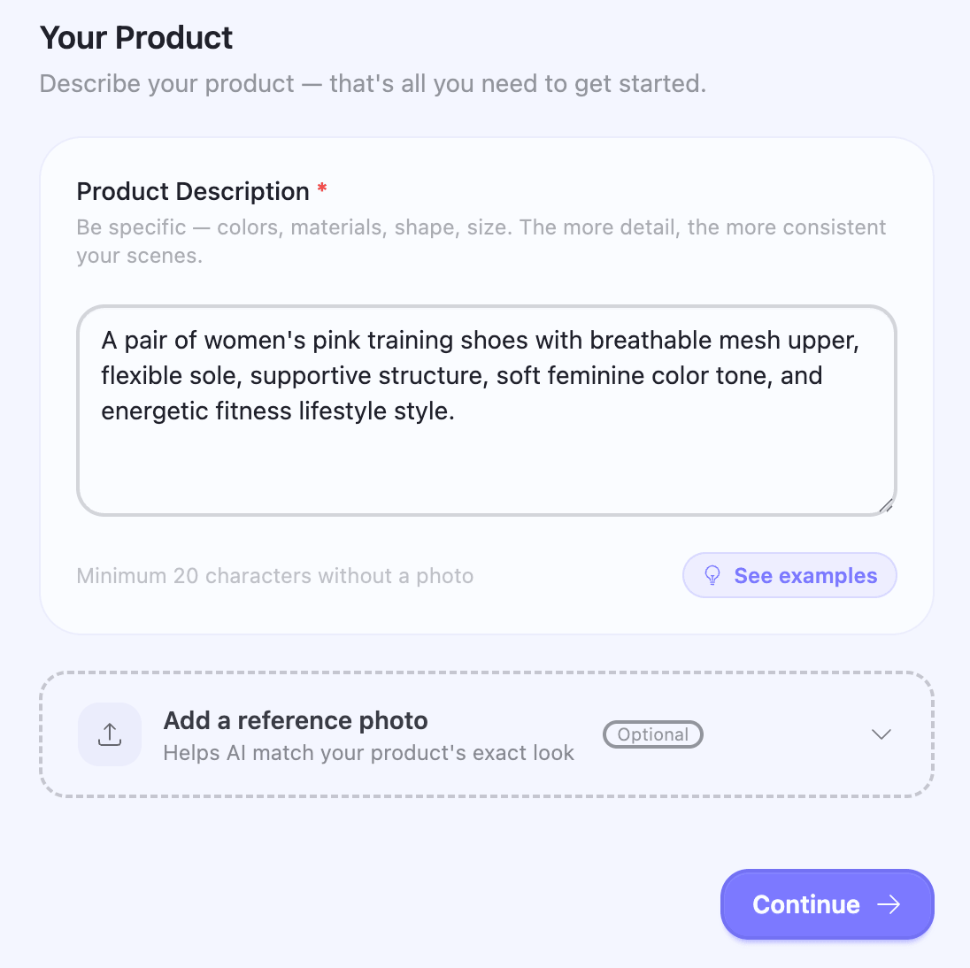 SceneSKU product description form — step 1 of AI scene pack generation