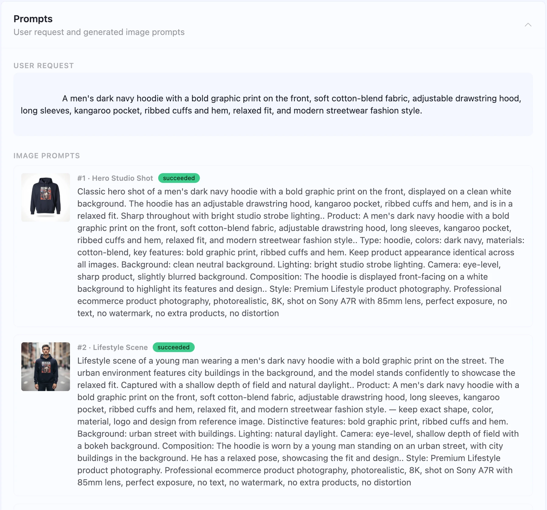 SceneSKU prompts panel showing the user request and generated image prompts for scenes #1 Hero Studio Shot and #2 Lifestyle Scene of a dark navy hoodie