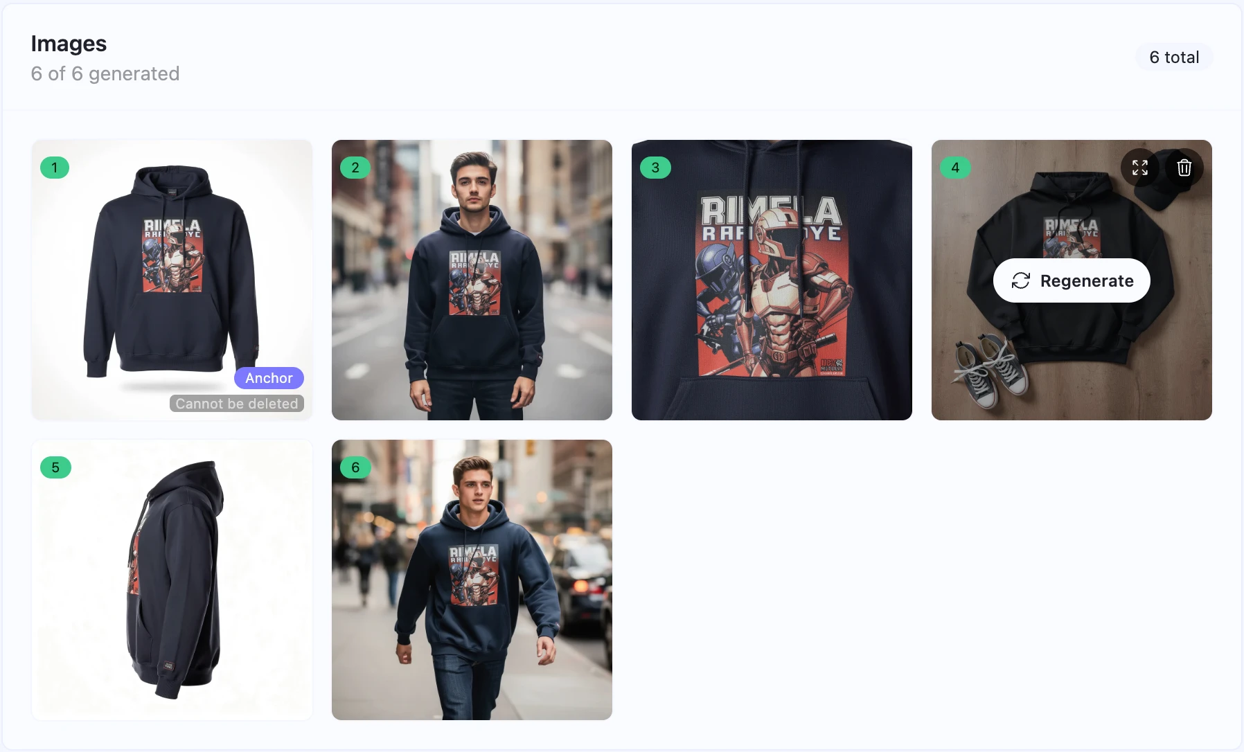 6-image scene pack for a dark navy hoodie: hero studio shot, lifestyle street scene, macro graphic close-up, flat lay with sneakers, side profile, and aspirational street walk
