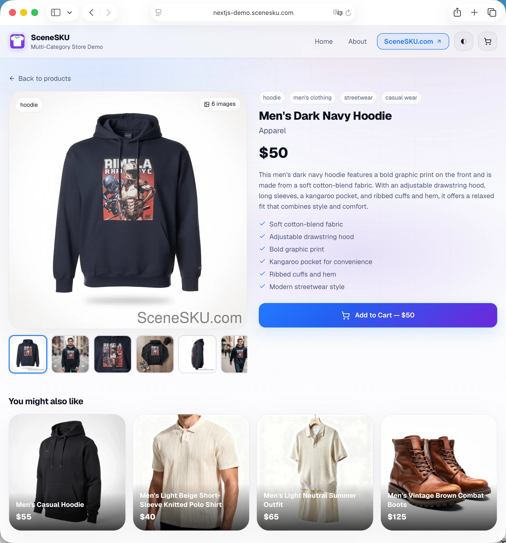 Men's fashion product detail page with gallery