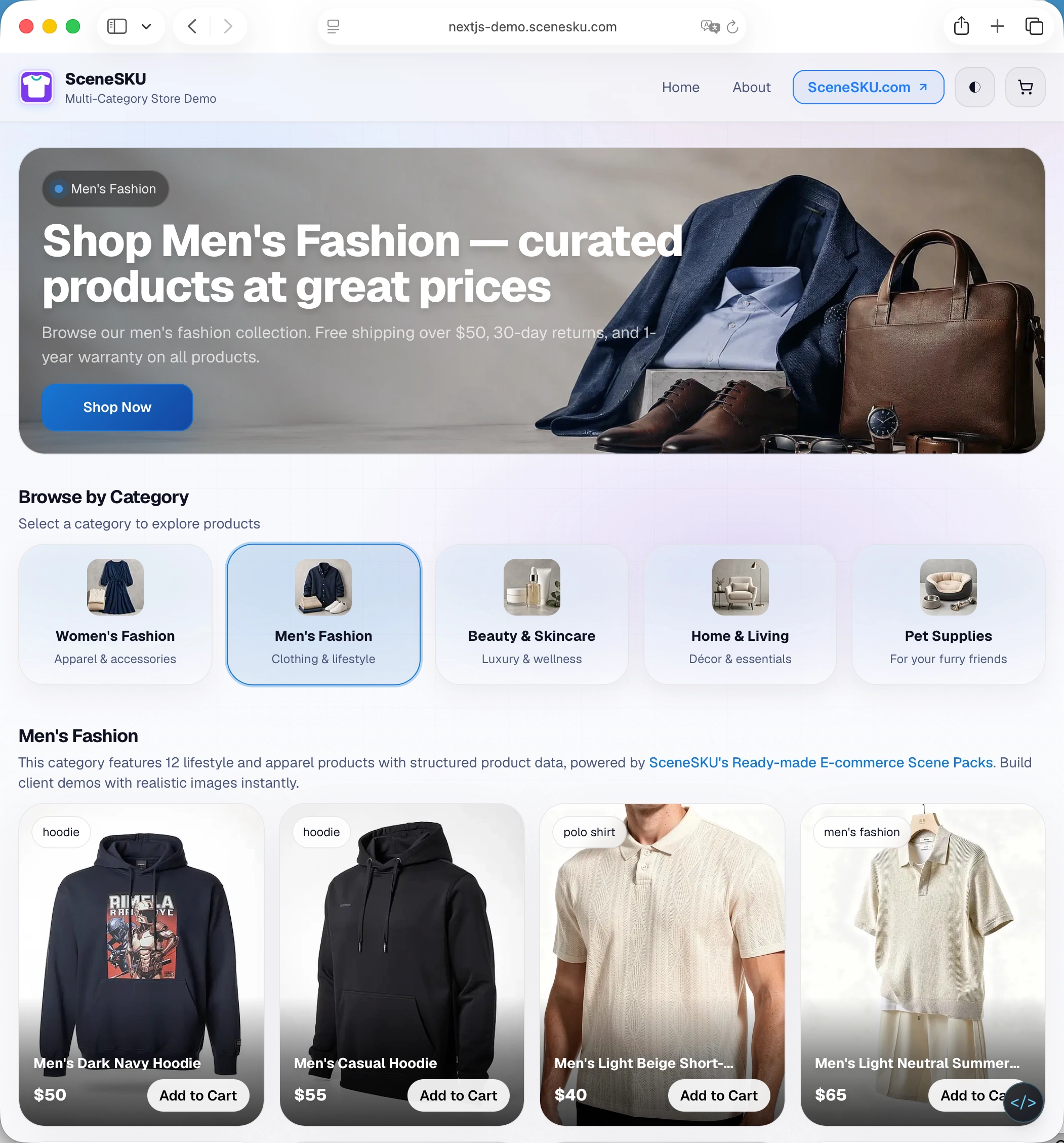 Men's fashion ecommerce demo store product grid