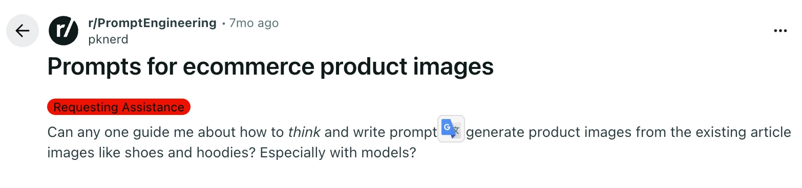 Reddit post titled "Prompts for ecommerce product images" asking how to think and write prompts for shoes and hoodies, especially with models