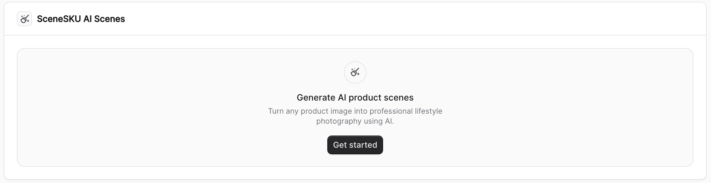 SceneSKU AI Scenes widget — idle state showing Get started button