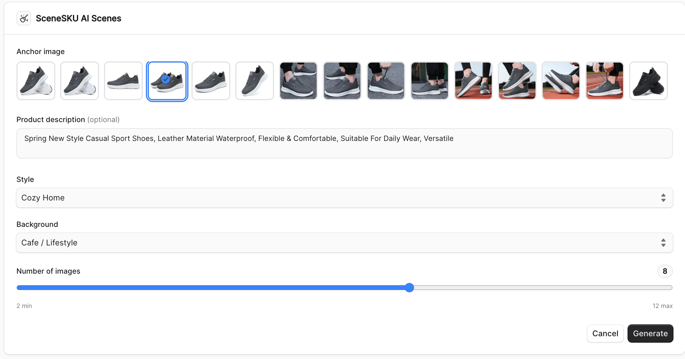 SceneSKU AI Scenes widget — configuration step with anchor picker, style, background, and image count