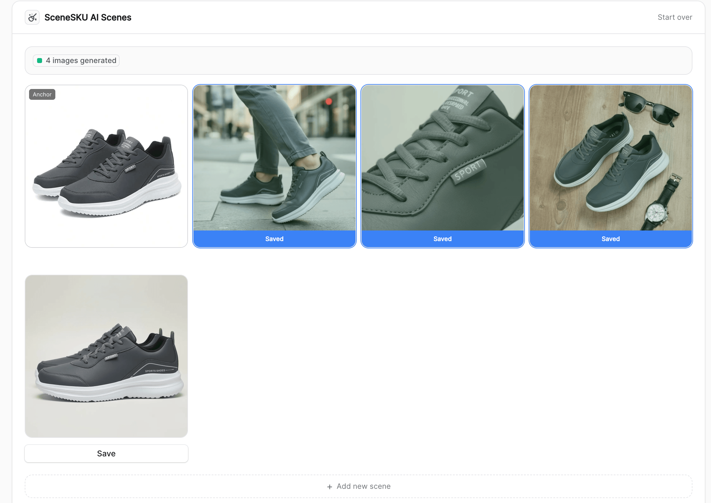 SceneSKU AI Scenes widget — done state showing anchor and generated scenes with Saved banners