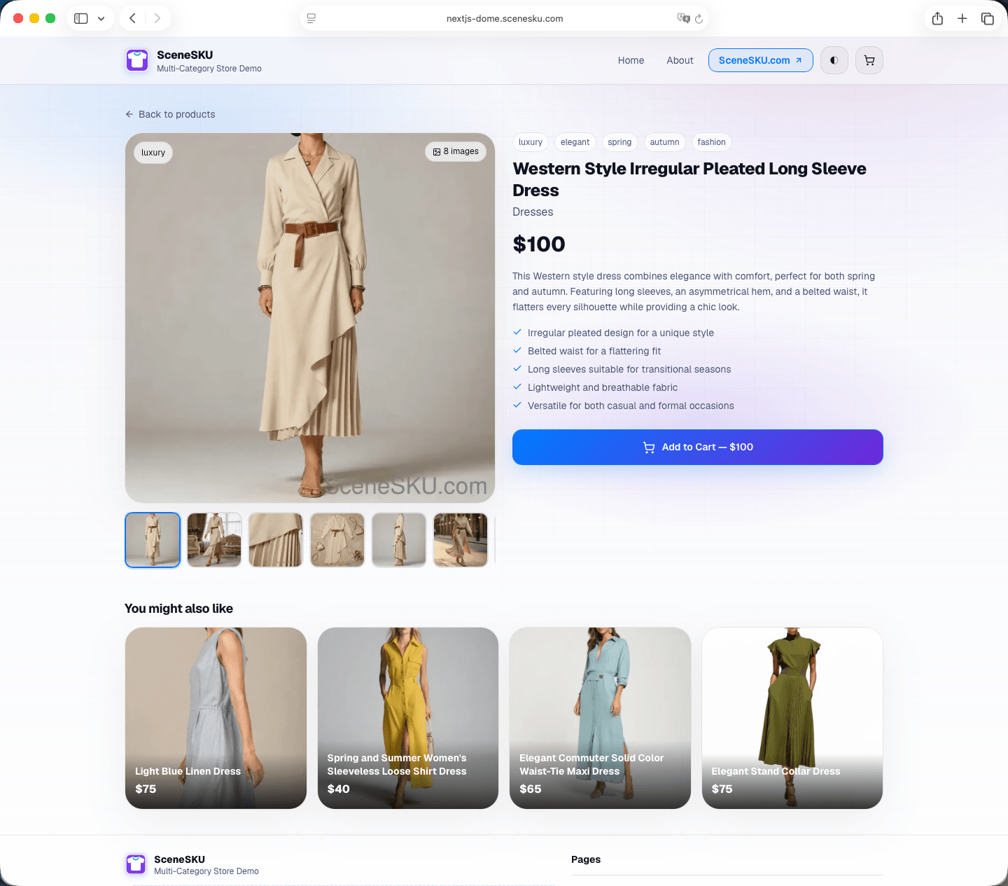 SceneSKU product detail page — multi-image gallery, structured feature bullets, SEO copy, and related products powered by a Scene Pack