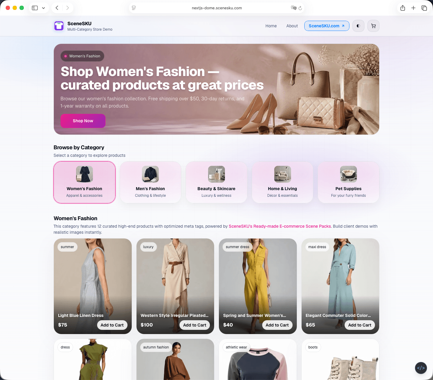 SceneSKU Next.js Store Demo — a fully populated headless storefront during development