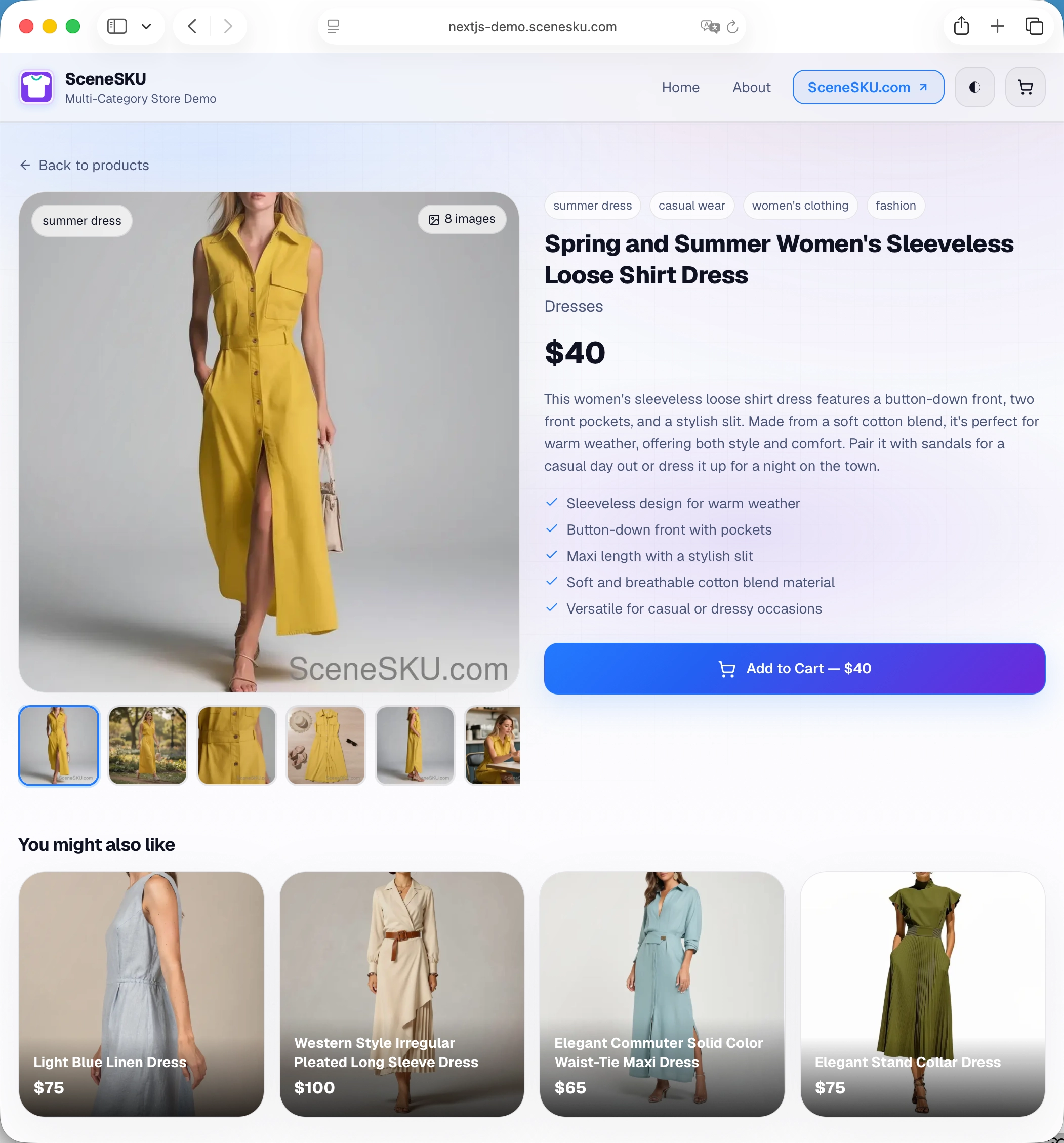 Women's fashion product detail page with gallery