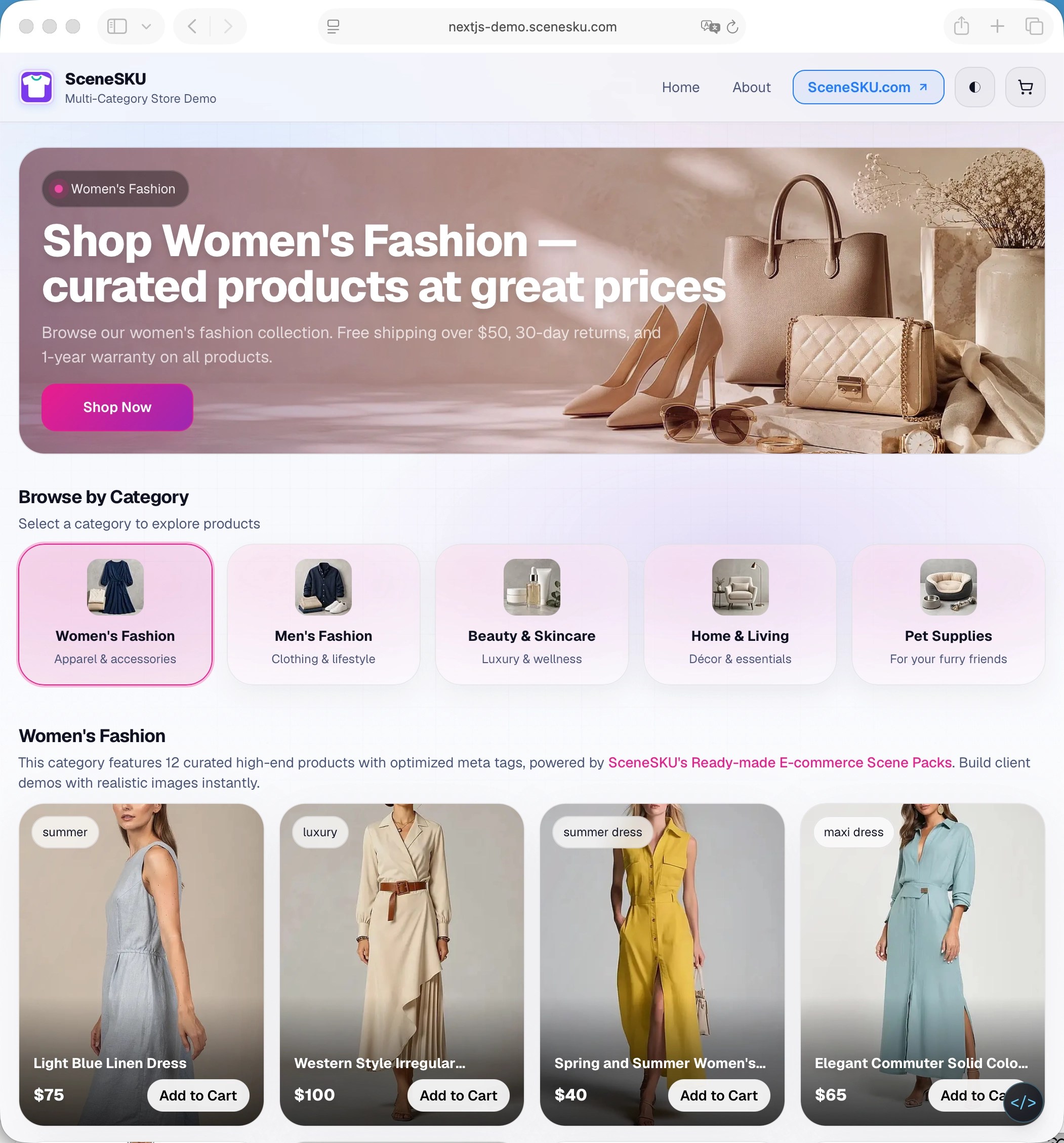 Women's fashion ecommerce demo store product grid
