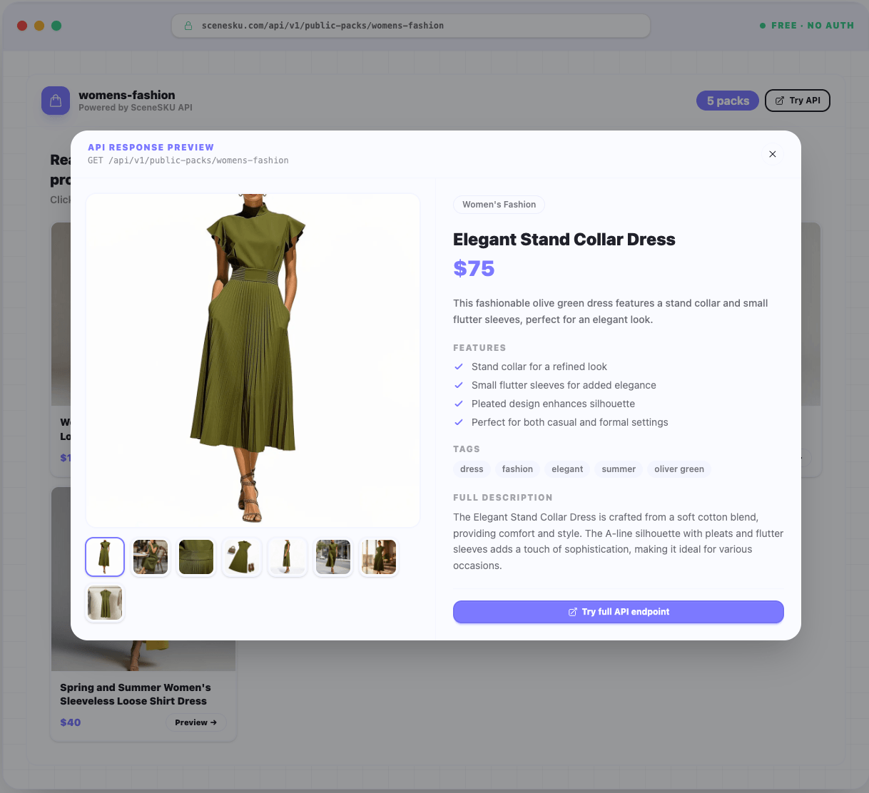 SceneSKU Scene Packs API — product detail dialog showing images, bullet points, tags, and full description