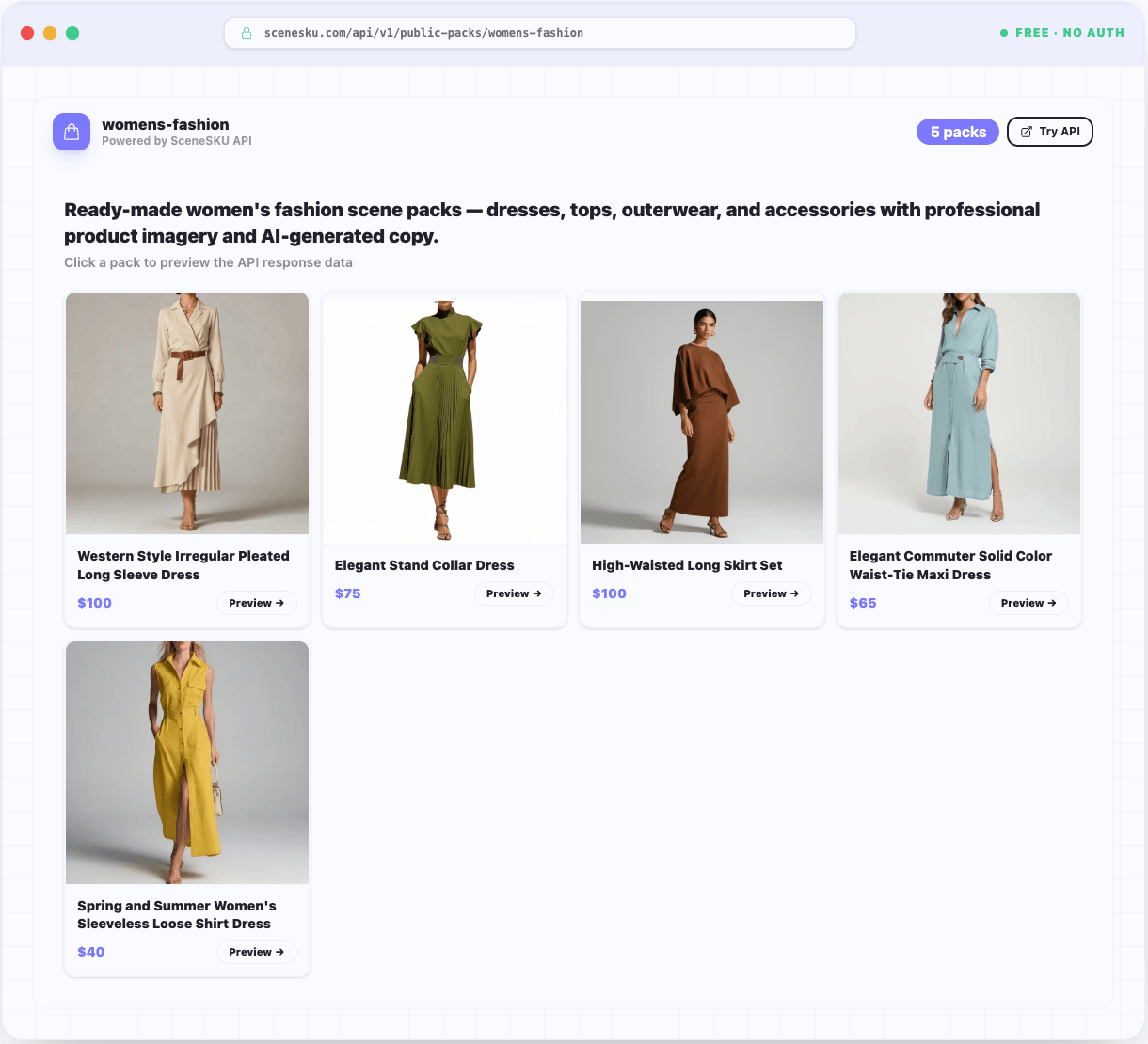 SceneSKU Scene Packs API — womens-fashion collection showing 5 product cards with real images and prices